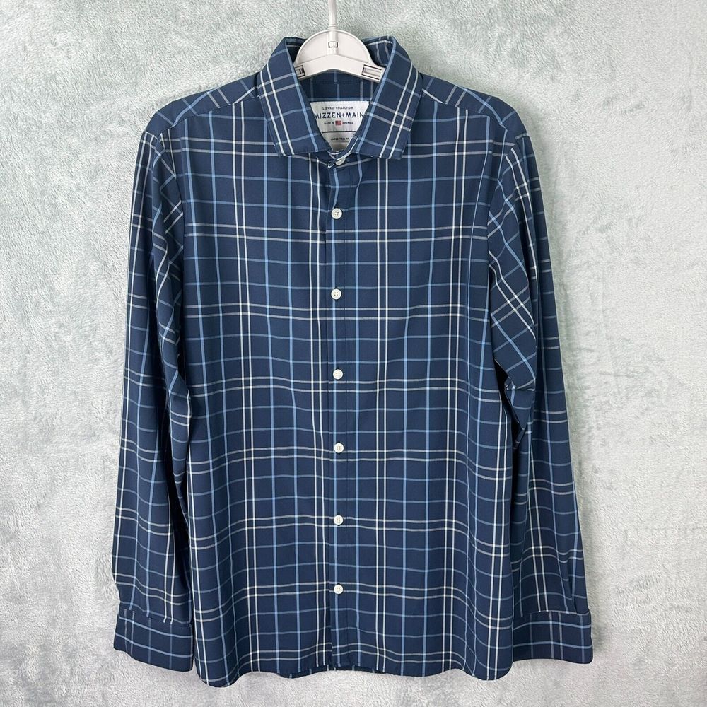 mizzen main shirt mens large trim fit blue check plaid long sleeve